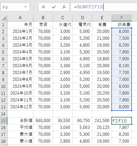 F列のデータ範囲を確認